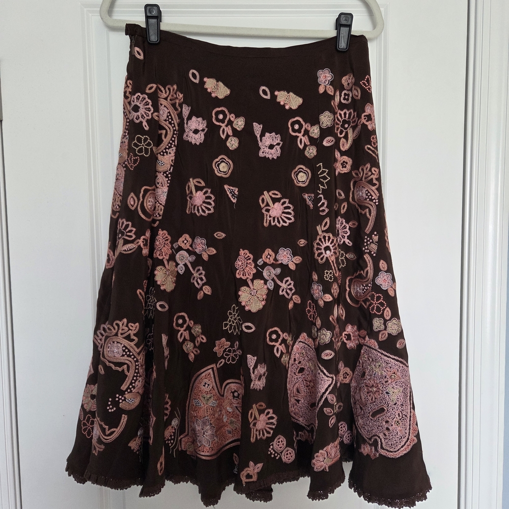 British Khaki Embroidered Silk Skirt